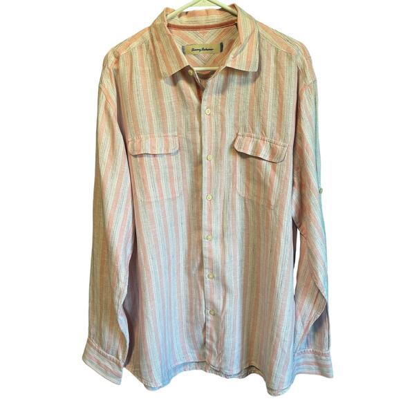 Tommy Bahama Pink & White Linen Long Sleeve Button Down Shirt Men's XL - Picture 1 of 10